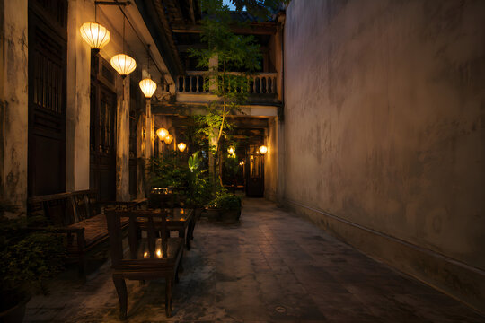 Atmospheric Hoi An Courtyard Night with Aged Plaster Wall and Large Copy Space