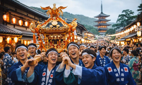 祭りの神輿を担ぎながら笑顔で盛り上がる人々と日本の伝統文化
