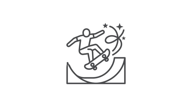 Stylized skateboarder in half-pipe with decorative stars.