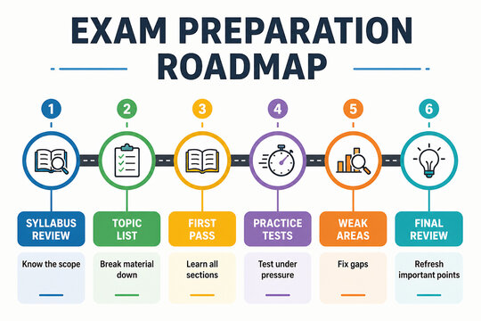An infographic displays a six-step exam preparation roadmap detailing stages from syllabus review to final review.