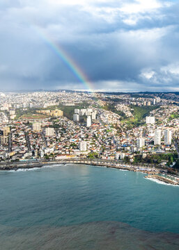 Vina del Mar in Chile with a rainbow. Beautiful aerial image of the coastline. Aerial view.