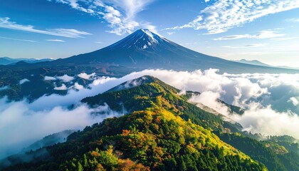 Obraz premium A majestic, snow-capped mountain rises above misty, forested hills under a clear blue sky with fluffy clouds