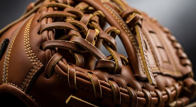 Close-up detail of a professional brown leather catchers mit showing the intricate stitching and laced webbing on a dark background.