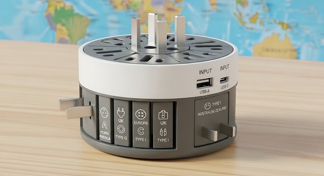 Universal travel adapter with various plug types on a wooden surface