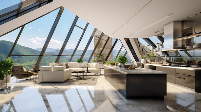 Triangular layout apartment with angled walls, central island kitchen and wide diagonal living space, glass walls and marble accents, full frame image,
