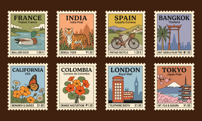 Obraz premium Vintage World Travel Postcard Stamp Illustration Set – Retro International Landmark Postage Stickers & Postal Labels