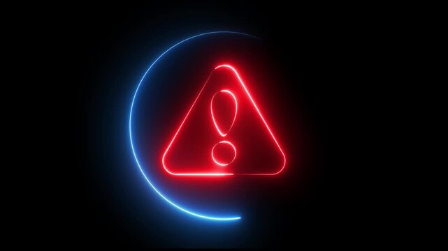 Glowing neon red and blue color warning attention sign icon animation danger risk alert error stop signal emergency hazard problem issue sign symbol on black background	