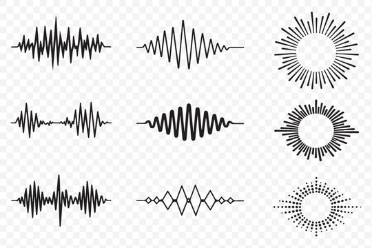 Podcast sound waves. Audio waveforms line icons, sound wave frequency or voice microphone signals. Music, podcast and broadcast, UI and audio branding design.