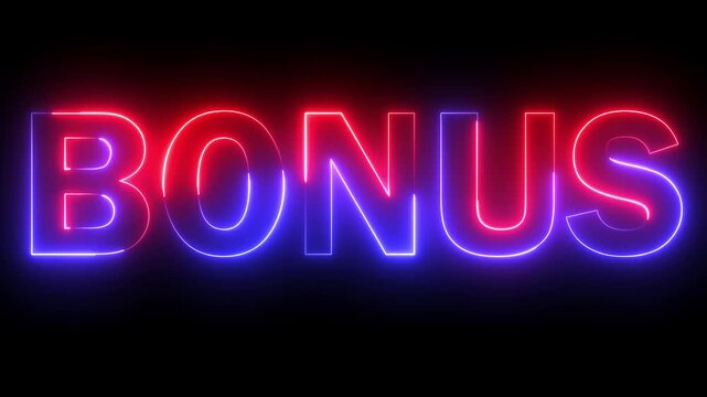 Neon BONUS text icon animation glowing red and blue color business poster template signboard alphabet font letter word banner sign seamless light effect footage on black background