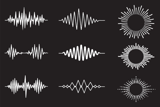 Podcast sound waves. Audio waveforms line icons, sound wave frequency or voice microphone signals. Music, podcast and broadcast, UI and audio branding design.