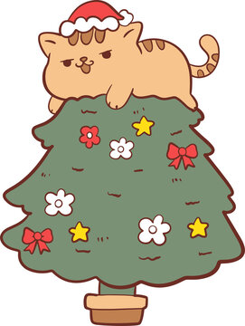 Cat Sleeping on Christmas Tree Clipart PNG