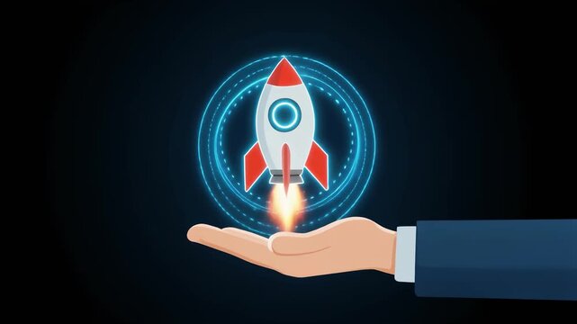 A hand holding a small rocket launching upward, with glowing blue light on a dark background, symbolizing startup growth and success.
