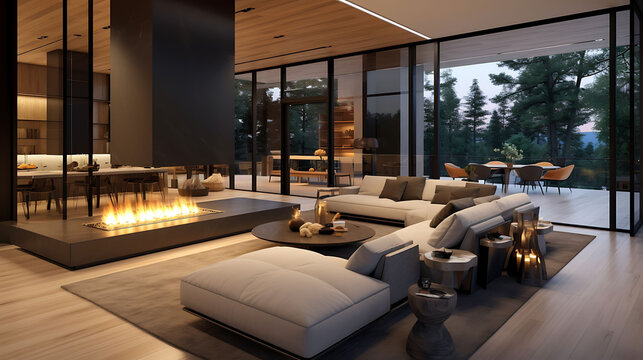 U-shaped apartment floor plan with wrap-around glass walls, central lounge with fireplace, and sleek built-in kitchen, natural wood and black accents, full frame image,
