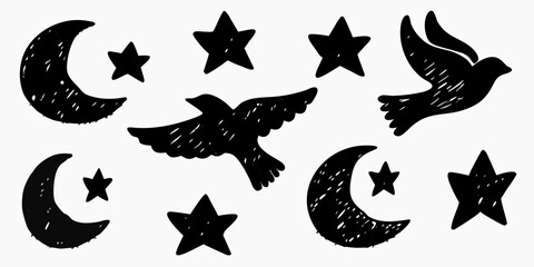 Fototapeta premium Celestial Silhouettes Crescent Moons Stars And Birds In Black Ink