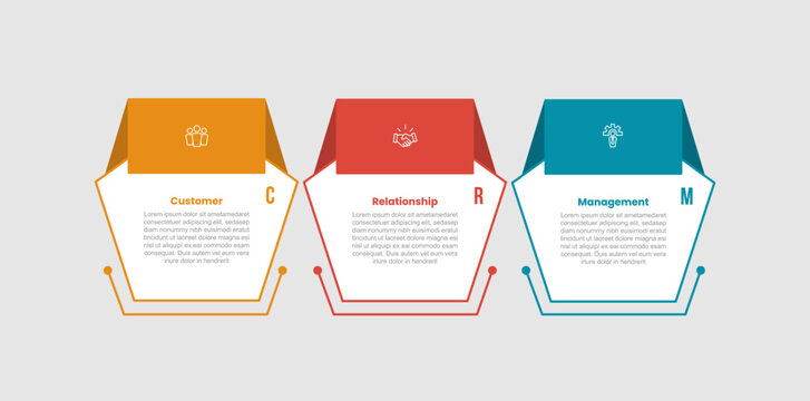 CRM customer relationship management infographic template with pentagon shape with ribbon badge on top with 3 points information flat style