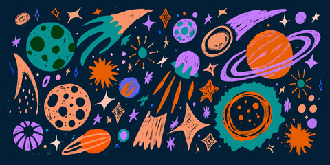 Planets And Stars A Colorful Vector Illustration On Dark Background © Vector Craft