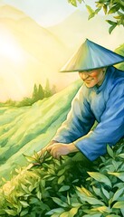 Fototapeta premium Serene Asian farmer harvests tea amidst golden light a tranquil hillside landscape portrait