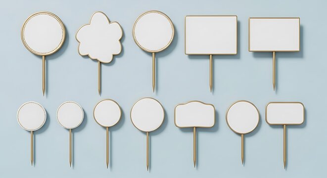 A collection of elegant plain cake toppers with gold frames and blank white inserts in various geometric shapes, isolated on a light blue background.