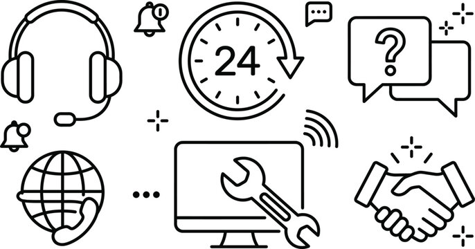 Customer service vector icon set featuring support headset twenty four hours clock technical computer wrench and handshake symbols