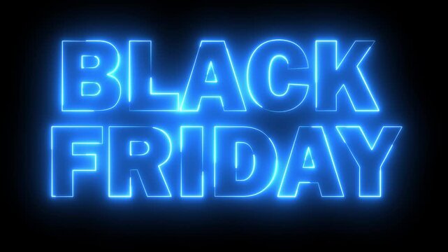 Neon  BLACK FRIDAY text icon animation glowing  blue color business poster template signboard alphabet font letter word banner sign seamless light effect footage on black background