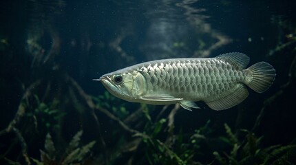 Fototapeta premium A majestic Asian Arowana fish swimming in a dark aquarium.