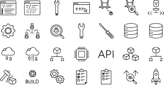 Collection of icons depicting software development and api concepts in black and white with development tools software engineering data management cloud computing server management api integratio
