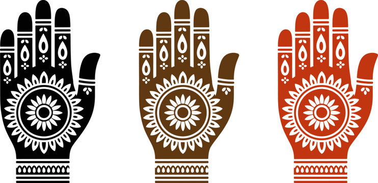 Set of three hands with traditional henna mehndi patterns