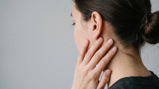 Woman touching her neck. Sore throat, thyroid or pain concept. Health problems. Isolated on white background.