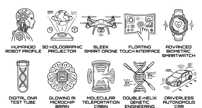 Future technology linear icons set with autonomous car ai and genetic engineering symbols vector
