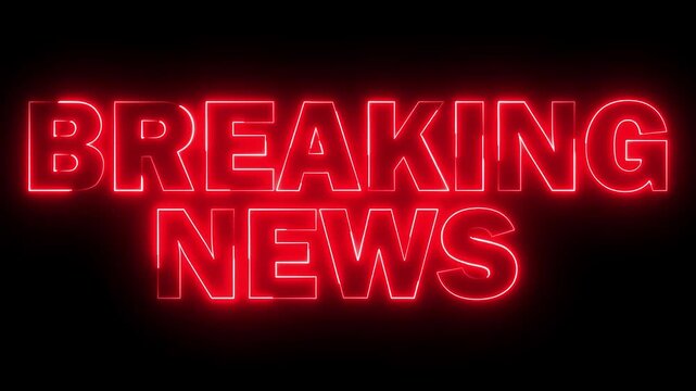 Neon  BREAKING NEWS text icon animation glowing red color business poster template signboard alphabet font letter word banner sign seamless light effect footage on black background