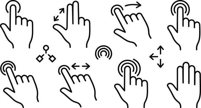 Hand touch screen gestures line icon set featuring tap swipe pinch zoom scroll and click symbols for interface