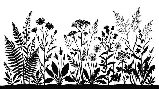 Black silhouette of wild meadow flowers and field grass isolated on transparent background vector illustration artistic floral element.