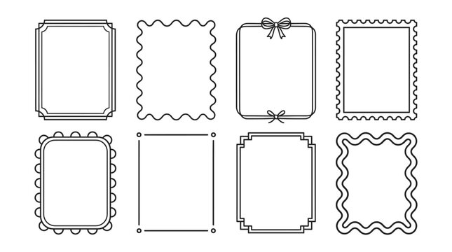 Set of isolated vector geometric and wavy decorative frames for scrapbooking or invitation cards in simple black line design.