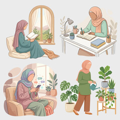 Fototapeta premium Set of four vector illustrations featuring Muslim women in hijabs performing daily activities: watering indoor plants, writing at a desk, reading a book, and using a smartphone at home.