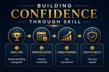 Fototapeta premium An infographic illustrates a four-step process for building confidence through skill: small win, repeated action, visible progress, and trust in ability.