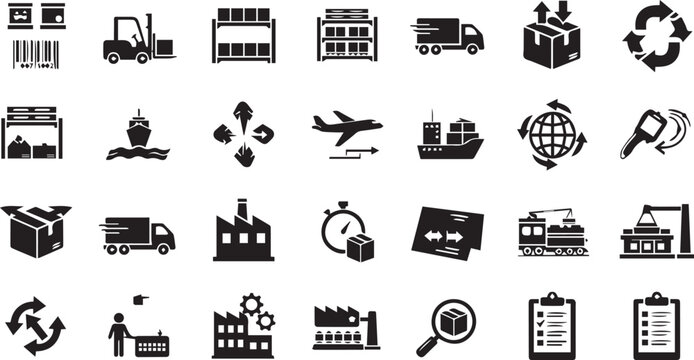 Vector illustration of various business and industry icons including people transportation buildings with magnifying glass supply chain eco friendly human factors business industry illustration