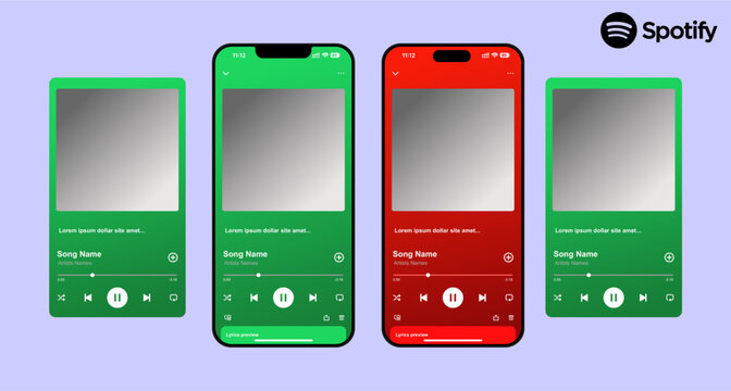 Spotify music streaming service mockup with music display theme, playlist interface, and playback screen design. Vector illustration for digital music platform sample UI.