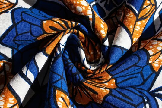 African Wax Print Fabric Blue Orange Floral Ankara Design