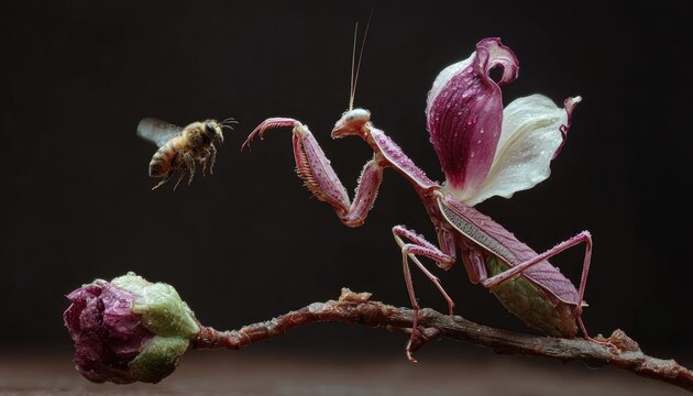 Vertical orchid mantis mimicking flower with real bee approaching, tense predator-prey moment, dew realism