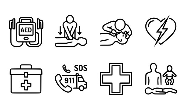 First Aid CPR and Medical Emergency Icon Set featuring Automated External Defibrillator AED, Chest Compressions, Artificial Resuscitation, and 911 Ambulance Symbols