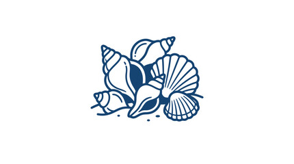 A collection of various sea shells illustrated in a simple blue line art style. © Maz_Opal