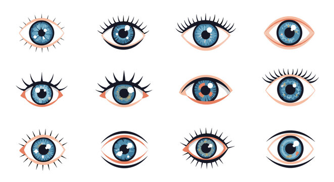Collection of various blue human eyes with different eyelash styles and shapes in a flat design set isolated on a white background.