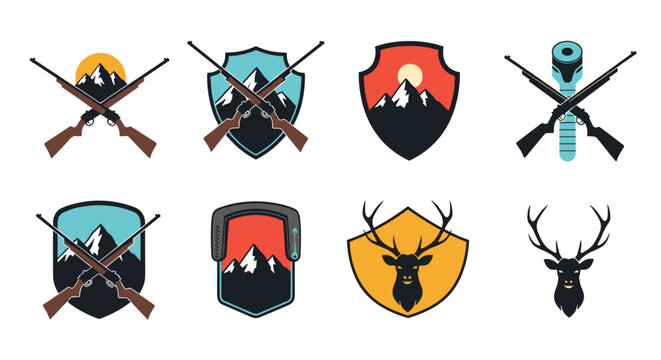 Collection of eight hunting and mountain themed logos featuring rifles, deer heads, mountain peaks, and shield shapes.