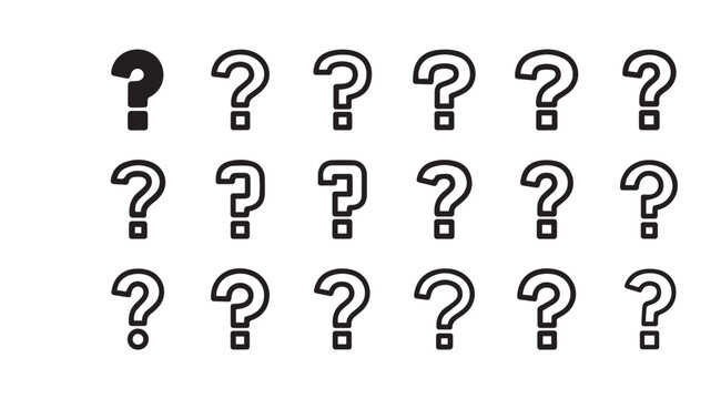 Single question mark in dark silhouette against a grid of outline question marks symbolizing doubt