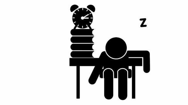 Tired student concept featuring student icon sleeping at desk with books and sleep symbol. Representation of fatigue, study pressure, and academic workload.