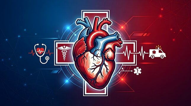 Anatomical human heart over a medical cross with healthcare icons, ecg pulse line, and ambulance on a split blue and red background