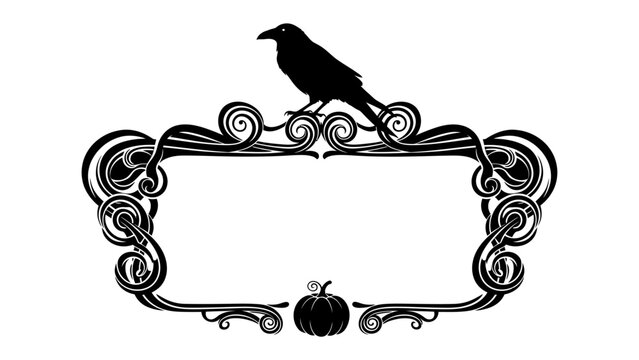 Gothic Raven Frame: An artistic, silhouetted raven perched atop an ornate, swirling frame, a miniature pumpkin nestled below, creating a dark and mysterious aesthetic.
