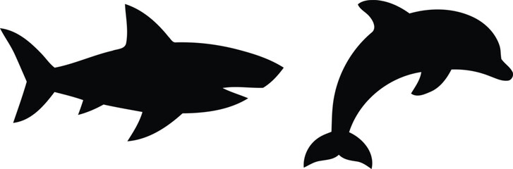 Fototapeta premium Shark And Dolphin Silhouettes Black Shapes Against A White Background For Graphic Design aquatic animal body