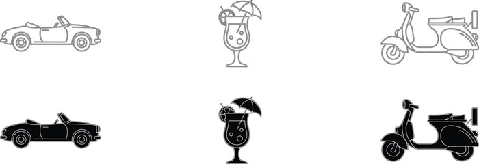 Summer vacation icons cars scooters and cocktails © MDFARUK
