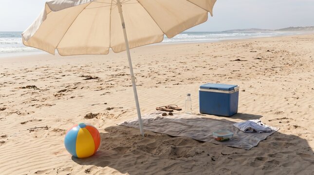 Large beige beach umbrella shading a colorful ball and picnic items on the sandy shore